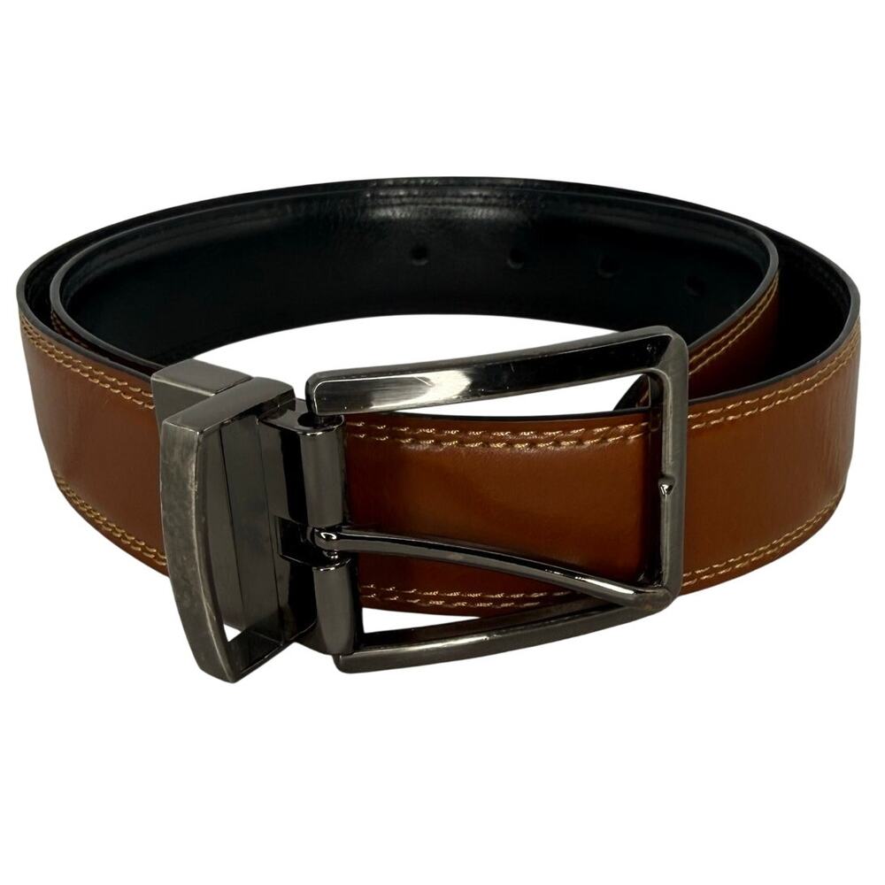 Reversible Leather Belt Mens 30 Black Brown Silver Rotating Buckle Dress Belt